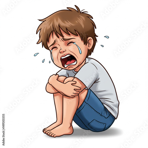 Crying Little Boy Sitting on Floor Hugging Knees Vector Illustration