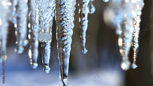A macro shot showcases glistening icicles hanging with melting droplets, illuminated by sunlight in a cold winter environment.