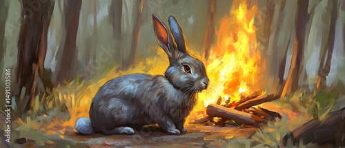 Gray Rabbit by Campfire in Forest Night Art