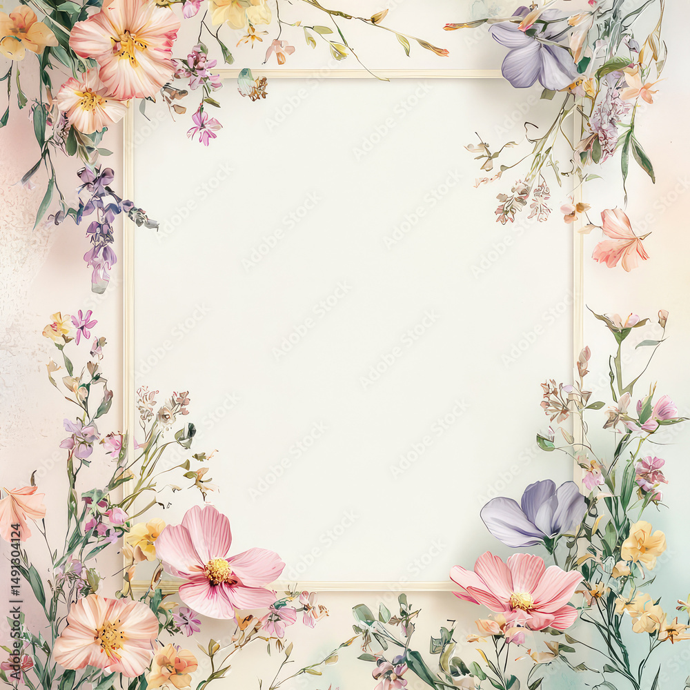 Fototapeta premium Floral frame with pink yellow and purple flowers delicate decorative elements for greeting cards invitations and wedding designs isolated on white background