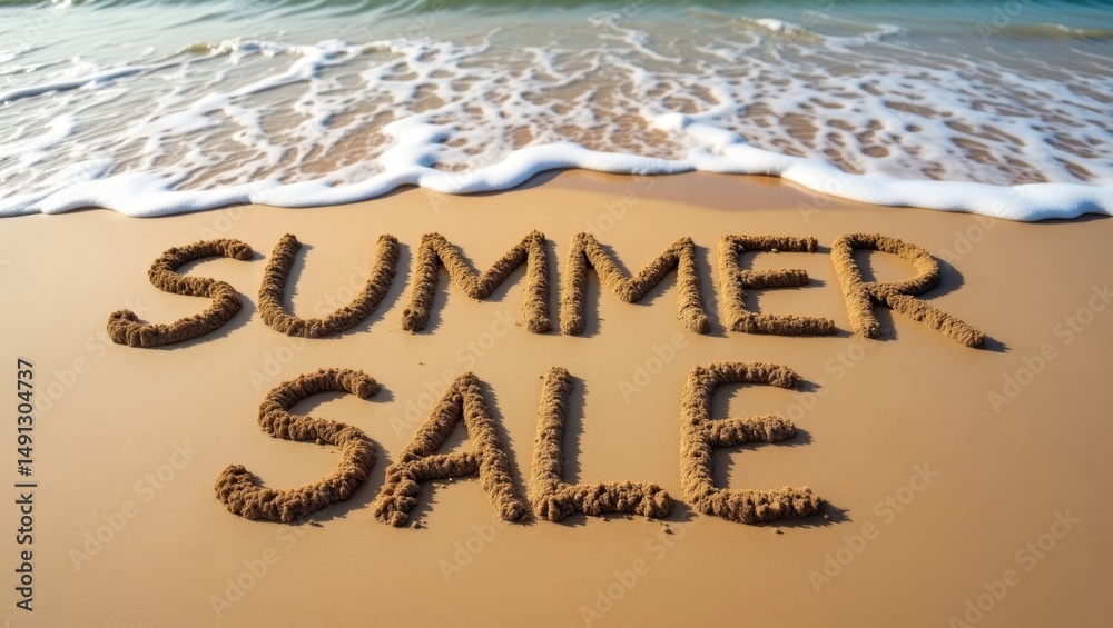 Fototapeta premium Handdrawn summer sale written in sandy beach with gentle waves and soft lighting