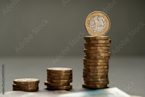 Three increasing stacks of one pound coins arranged in ascending order with blurred banknotes in foreground, illustrating income growth and financial planning, Stafford, United Kingdom, May 18, 2025..