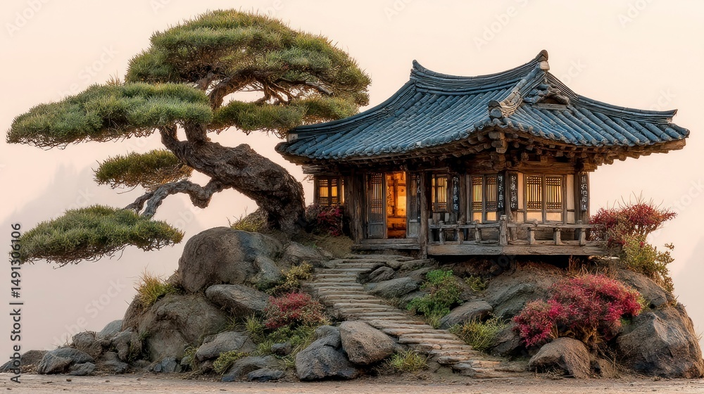 Obraz premium Traditional Architecture Nestled Among Rocks and Trees Serene Landscape with Illuminated Inter