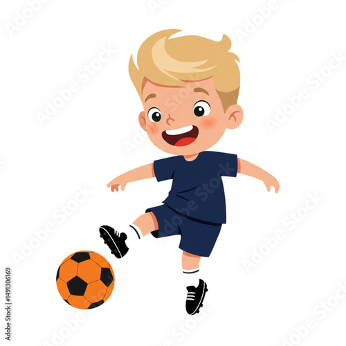 Cheerful Young Boy Playing Soccer Vector Illustration