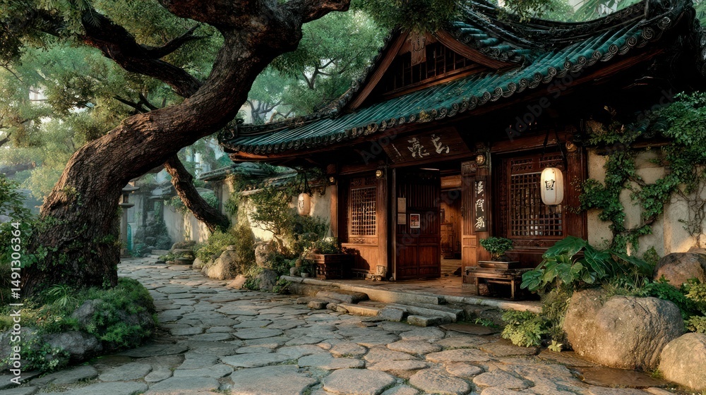 Fototapeta premium Traditional Architecture Surrounded by Lush Greenery and Stone Pathway Ideal for Cultural His