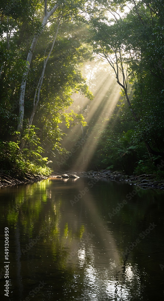 Obraz premium Sunlit River in the Emerald Forest: Tranquil Dawn