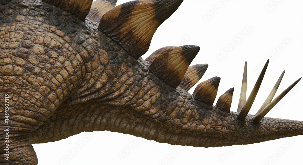 Obraz premium Detailed Stegosaurus tail spikes, hyper-realistic close-up on white background.