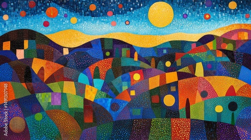 Colorful patchwork landscape under a vibrant night sky.