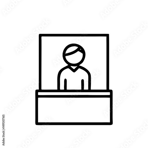 Bank teller visible through a window in a minimalist black line style, icon, vector