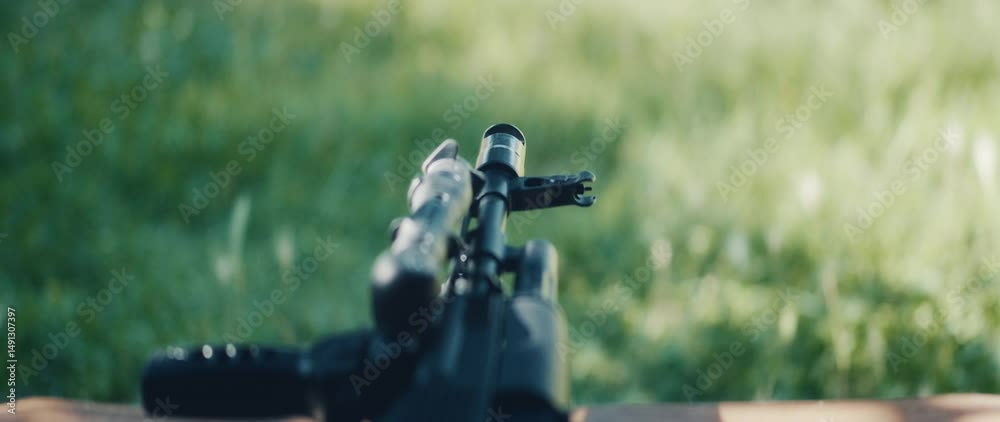 Scoped rifle setup outside on a green shooting range under outdoor conditions