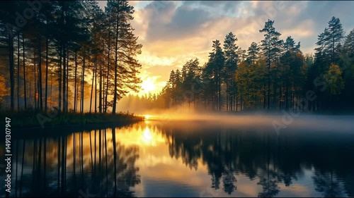 Trees reflect sunrise fog in lake