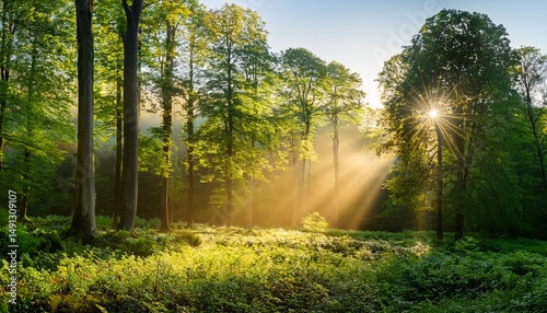 enchanting sunlight filtering through lush green forest trees at dawn in vibrant nature scene