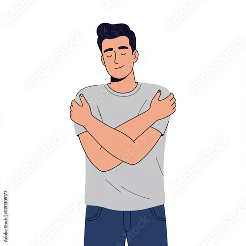Young Man Hugging Himself for Self-Help and Support – Office Worker or Student Cartoon Character Vector Illustration on White Background