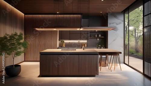 japandi style kitchen dark wood cabinetry with vertical slat accents floating stone island with integrated led underlighting woven pendant lights photo
