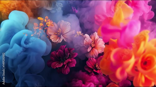 Vibrant flowers amidst colorful smoke.