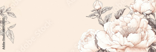 Floral sketch illustration with blooming flowers and leaves on a peach solid background, perfect for invitations, cards, and decorative designs, elegant and romantic