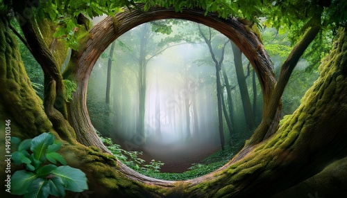 enchanted forest view through natural circular tree branch frame with lush green leaves misty ethereal background of dense woodland soft diffused lighting tranquil and mysterious