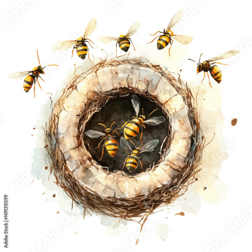 watercolor vector of Hornet Nest With Hornets Flying Around, high quality, isolated on a white background.
