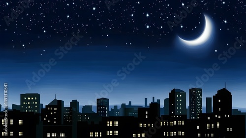 Night City Skyline Crescent Moon Starscape