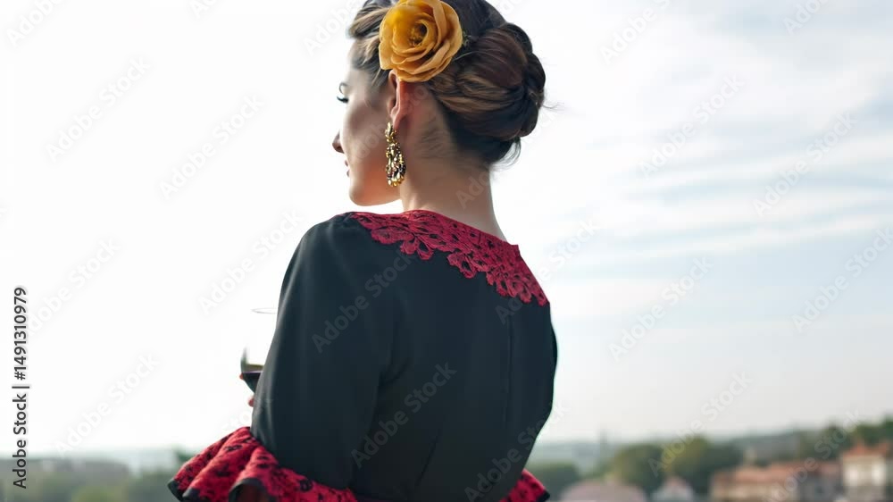 Attractive woman in traditional spanish flamenco dress holding a glass of spanish red wine in the spanish of Seville 