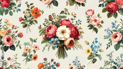 Elegant Floral Bouquet Seamless Pattern: A Vintage Inspired Design photo