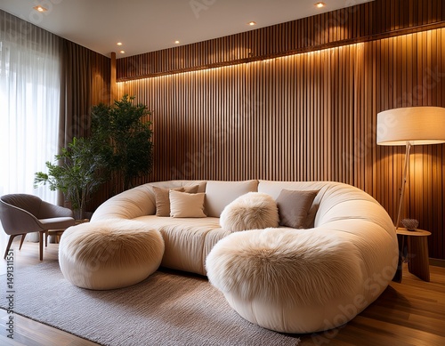 cozy living room oversized inflatable like cream boucle sofa matching plush armchairs warm oak slat accent wall with soft indirect lighting photo