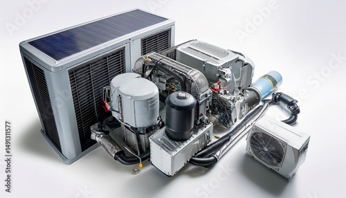air conditioning unit exploded view silver and black parts on white hvac system