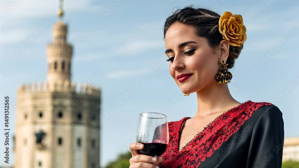 Attractive woman in traditional spanish flamenco dress holding a glass of spanish red wine in the spanish of Seville 