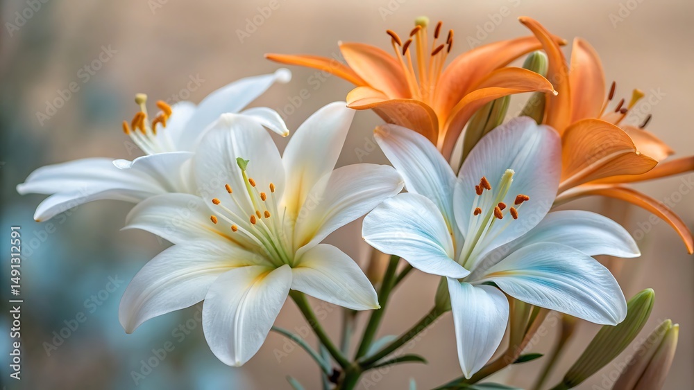 Fototapeta premium Elegant lilies in white orange and blue hues