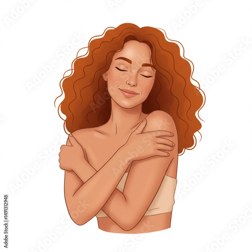 Beautiful Woman Embracing Herself Showing Self-Love and Awareness Vector Illustration