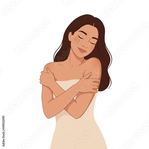 Beautiful Woman Embracing Herself Self-Love Cartoon Vector Illustration