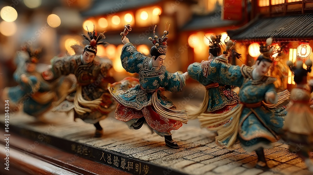 Obraz premium Traditional Performers in Elaborate Costumes Capturing a Cultural Dance Scene with Rich Details