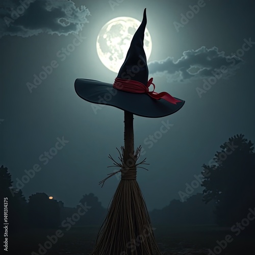 Witch's hat and broom against a full moon backdrop.
