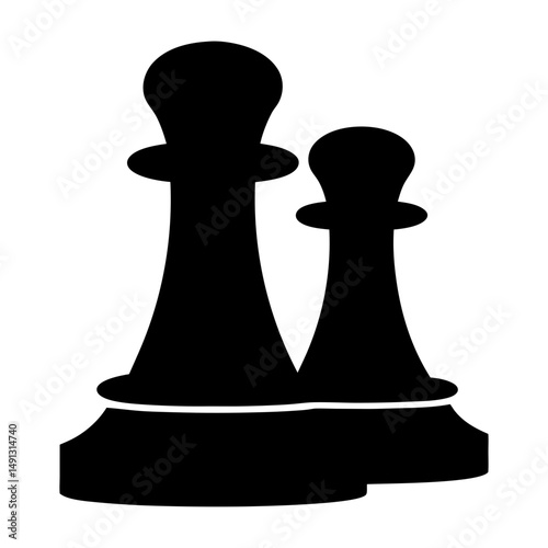 Black Silhouette of Two Chess Pawn Pieces Side by Side, Minimalist black silhouette of two chess pawn pieces of different sizes, symbolizing strategy, game, and competition.
