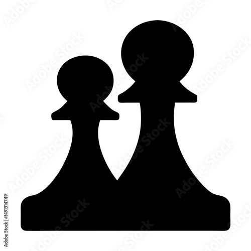 Black Silhouette of Two Chess Pawn Pieces Side by Side, Minimalist black silhouette of two chess pawn pieces of different sizes, symbolizing strategy, game, and competition.

