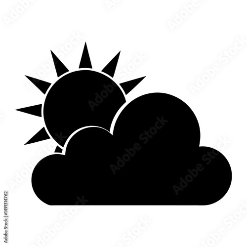 Black Silhouette of Sun Partially Behind Cloud, Simple black silhouette showing the sun with rays partially hidden behind a cloud, symbolizing partly cloudy weather.
