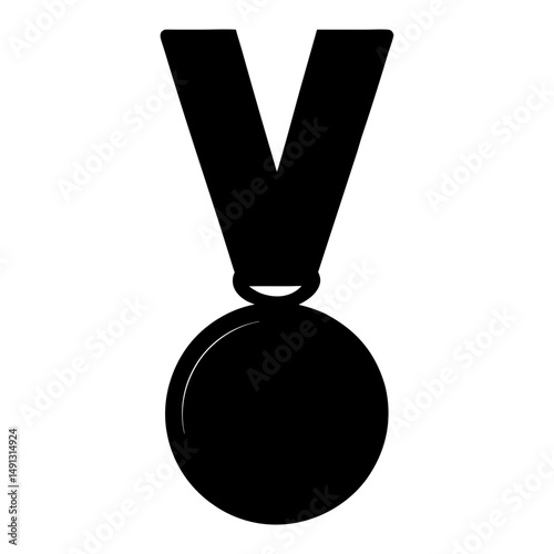 A simple, elegant black and white illustration of a medal with ribbon