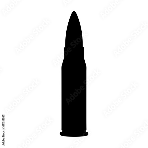 Black silhouette of a single rifle bullet against a white background