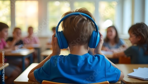 Autistic boy using noise cancelling headphones in classroom to cope with auditory sensitivity