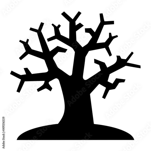 Stylized leafless tree silhouette on a small hill against white background