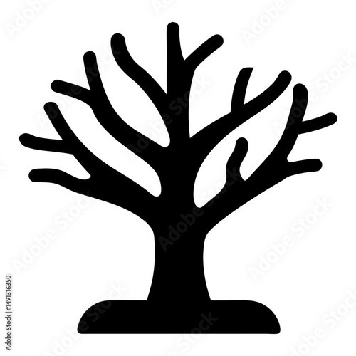 A stark silhouette of a leafless tree against a white background