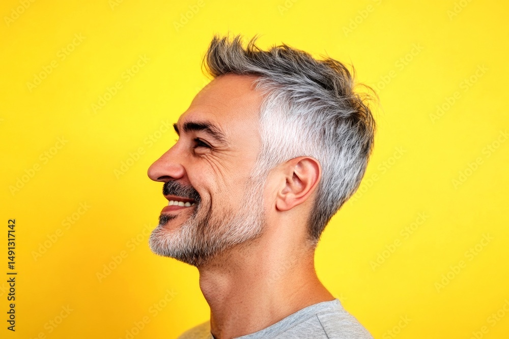 Obraz premium Conceptual art of style for aging men. Yellow solid background. A handsome man in his 40s with a radiant smile. Modish men's low fade haircut - midlife arabian man with middle hair.