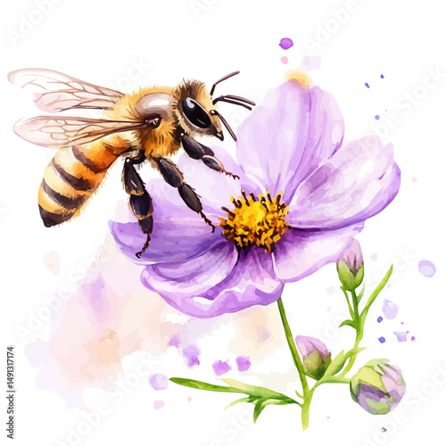 Honeybee Hovering Near A Blooming Flower, watercolor drawing vector, high quality, isolated on a white background.