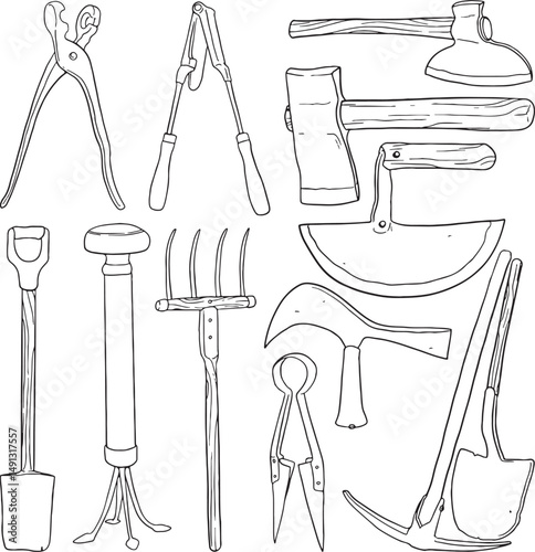 Collection of various old gardening and agricultural tools: shears, axe, hoe, shovel, rake, and more. Simple outline vector illustration for horticulture and farming themes.