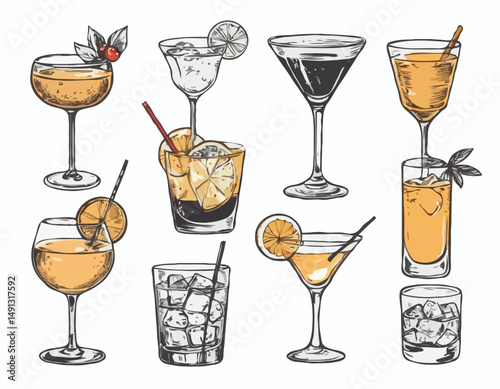 Hand-drawn collection of cocktails and drinks in various glass styles. Vintage ink sketch vector illustrations of classic alcoholic beverages.