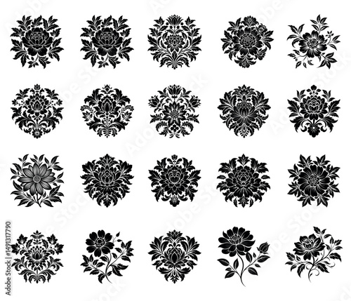 Elegant Floral Motif Collection: A set of exquisitely designed black floral patterns in diverse styles, perfect for adding a touch of sophistication and timeless beauty to any project.