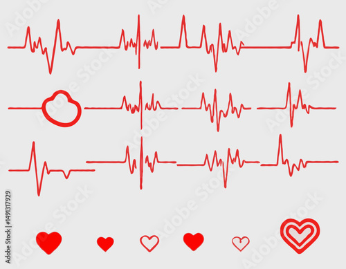 Red heartbeat line collection with heart symbol, cardiology, medical pulse, ECG, EKG design, healthcare clipart vector illustration, health monitoring, digital heartbeat graphics