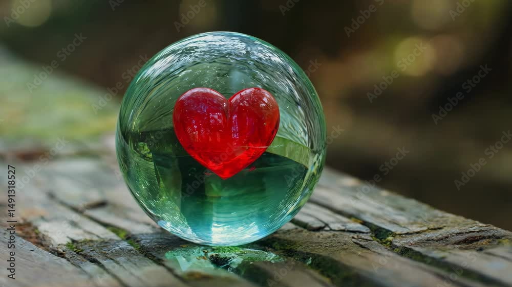 Crystal sphere with small red heart resting on weathered wooden surface, featuring blurred green natural background showcasing delicate symbolism of love and emotion