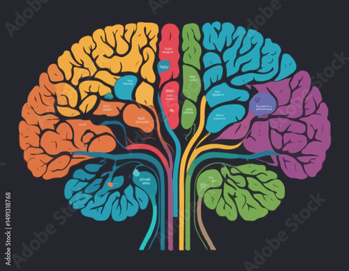 Illustration of human brain regions in different colors, highlighting distinct areas