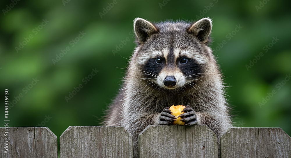 Obraz premium Raccoon eating fruit on fence in nature